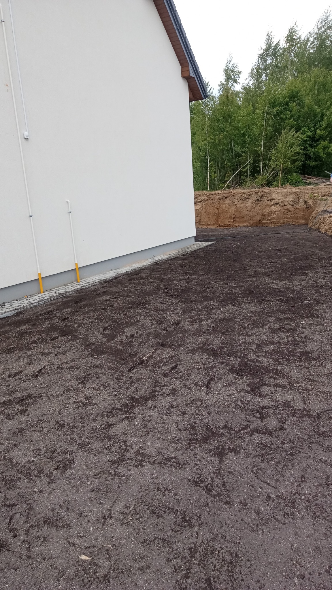 Przygotowany teren pod trawnik przy nowym domu. W tle widoczny skarpowany brzeg ziemi i drzewa. Ujęcie z góry, ukazujące świeżo wyrównaną glebę.