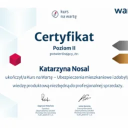 Certyfikat ukończenia kursu 'Kurs na Wartę' z ubezpieczeń mieszkaniowych dla Katarzyny Nosal, wydany przez TUIR 'WARTA' S.A. z datą 20.02.2025.