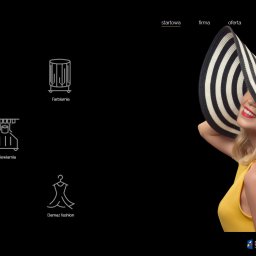 Hokito Aleksandra Pawłowska - Strona internetowa firmy Damaz z ikonami usług (druki, farbiarnia, dziewiarnia, hafciarnia, Damaz fashion) i uśmiechniętą kobietą w kapeluszu.