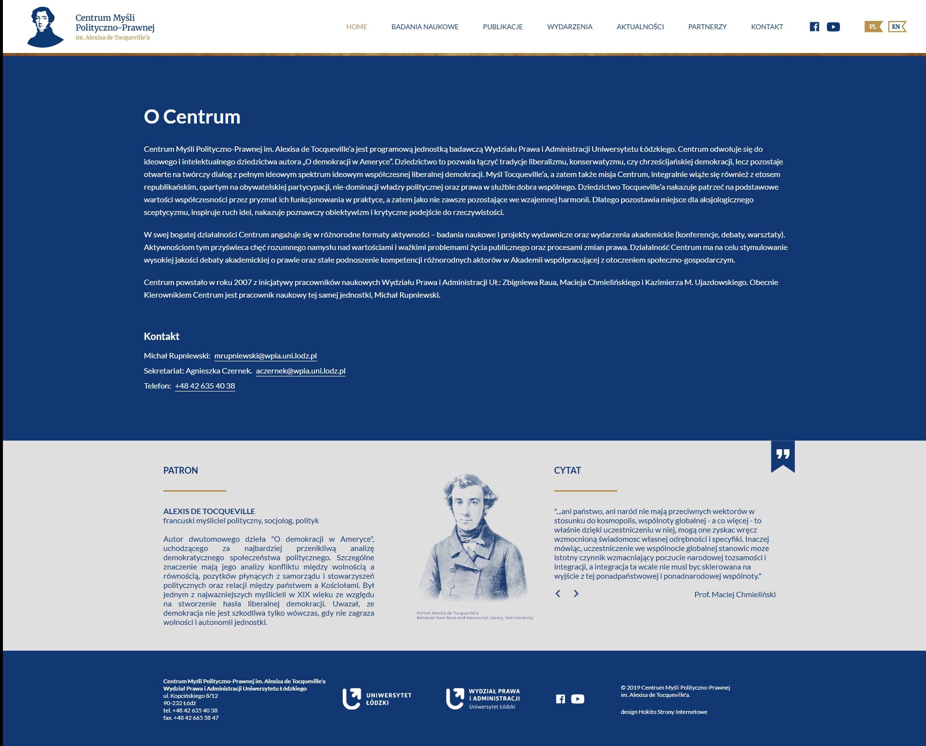 Strona internetowa Centrum Myśli Polityczno-Prawnej im. Alexisa de Tocqueville'a z menu nawigacyjnym, tekstem o centrum, danymi kontaktowymi i portretem patrona.
