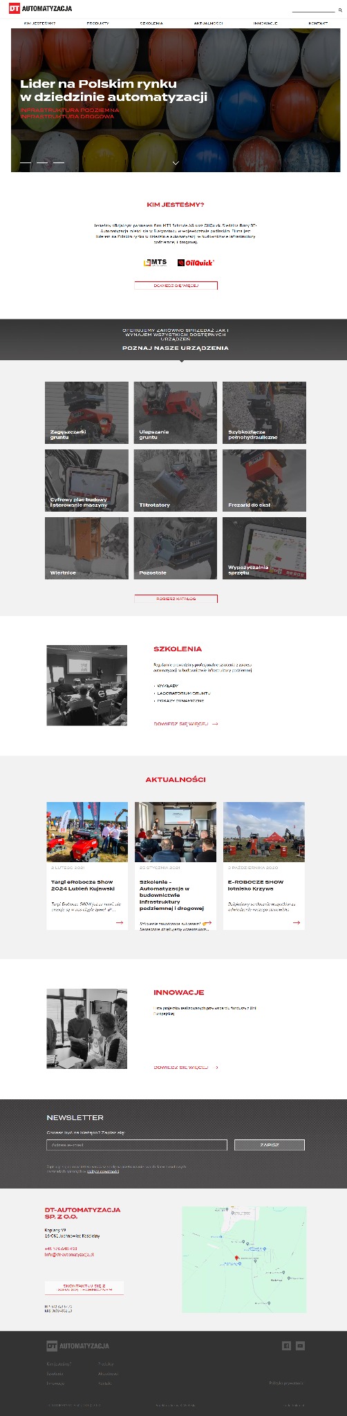 Zrzut ekranu strony internetowej dt-automatyzacja.pl, prezentujący ofertę firmy z zakresu automatyzacji w budownictwie i infrastrukturze, z nagłówkiem i menu nawigacyjnym.