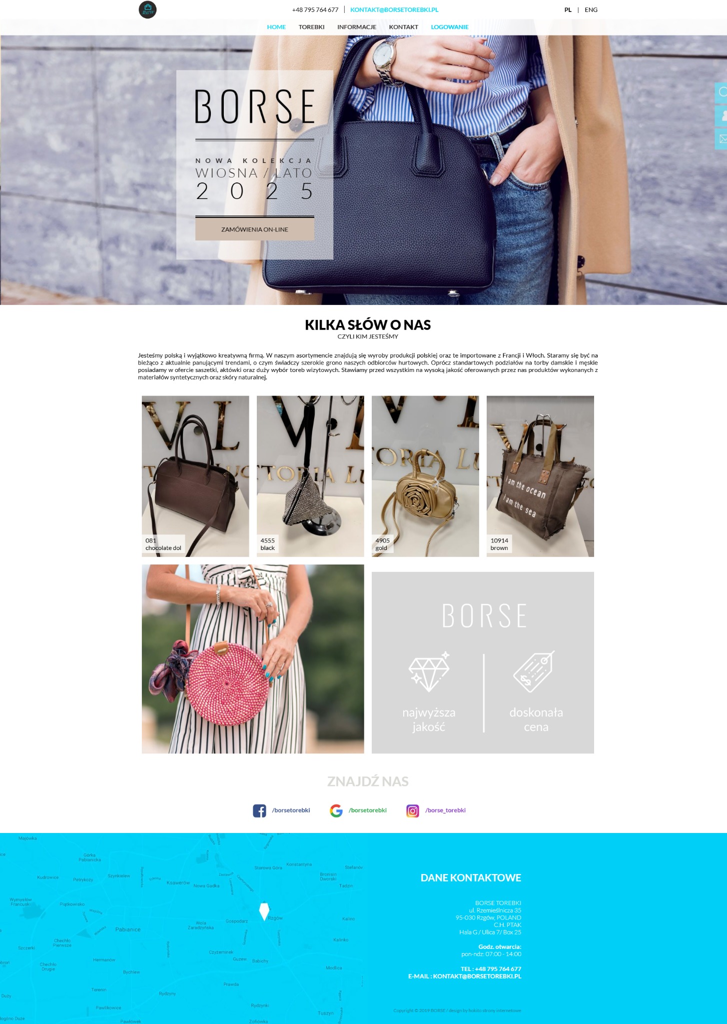 Strona internetowa sklepu z torebkami Borse. Prezentacja nowej kolekcji wiosna/lato 2025 z zamówieniami online, wysoką jakością i doskonałą ceną. Mapa z danymi kontaktowymi.
