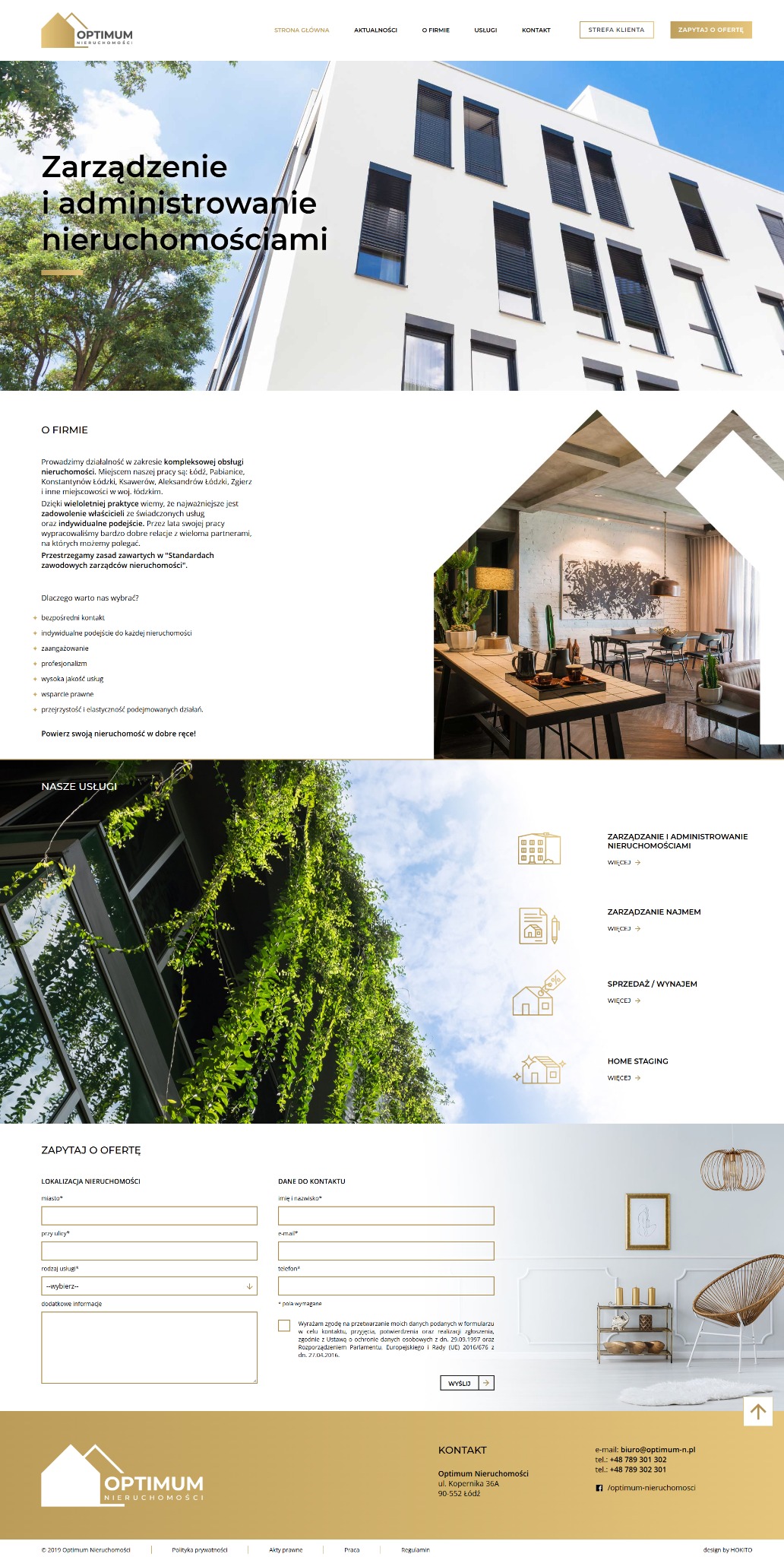 Strona internetowa firmy Optimum Nieruchomości z ofertą zarządzania nieruchomościami. Widoczne menu, budynek, formularz kontaktowy i dane firmy.