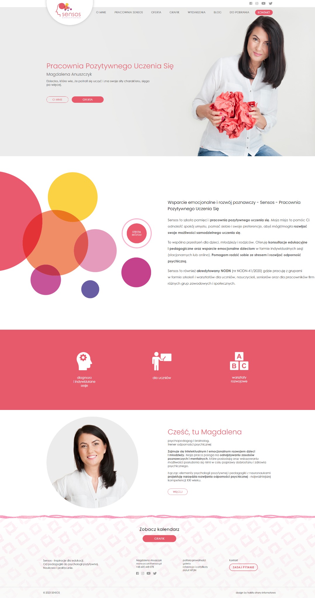 Strona internetowa Sensos z Magdaleną Anuszczyk, oferująca wsparcie emocjonalne i rozwój poznawczy dla dzieci i młodzieży. Widoczne ikony i przyciski nawigacyjne.