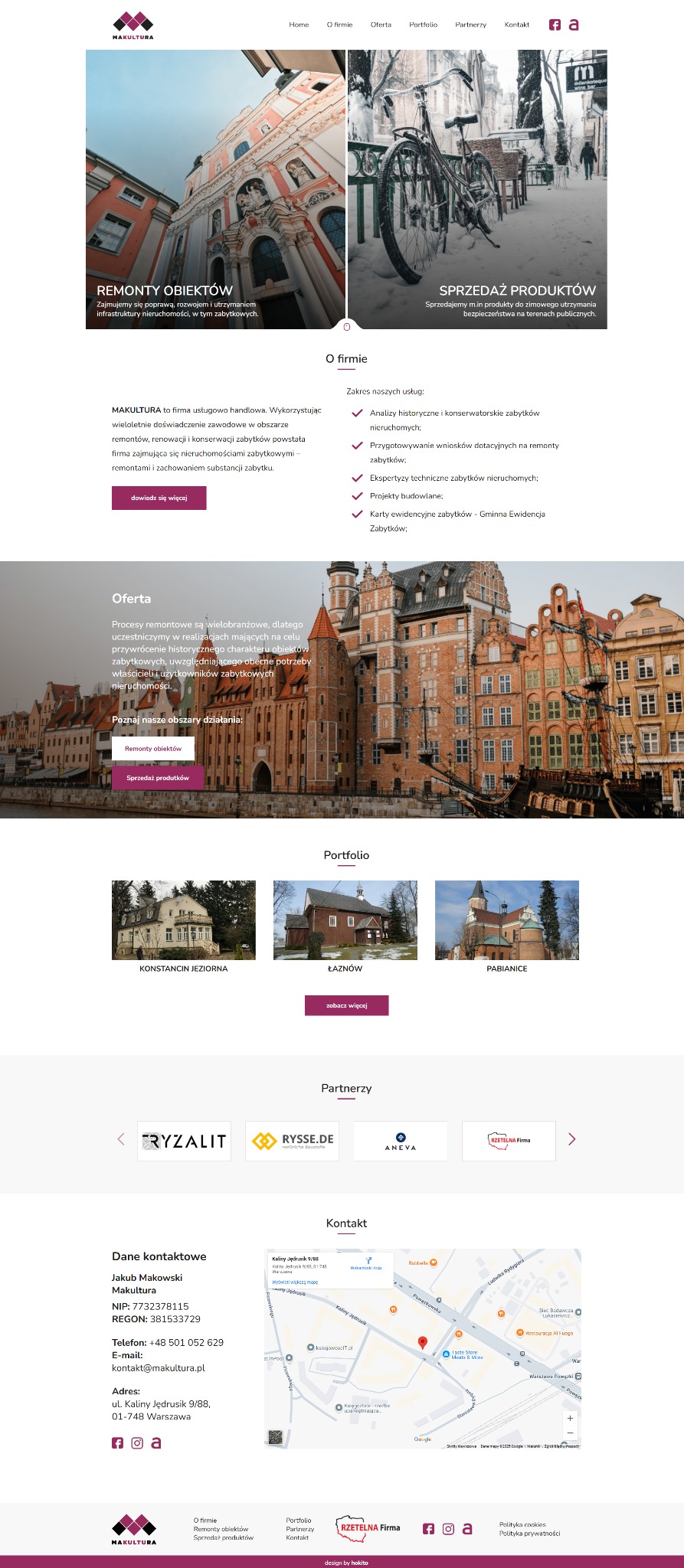 Strona internetowa firmy Makultura prezentująca remonty obiektów zabytkowych i sprzedaż produktów. Widoczne zdjęcia realizacji i logo firmy.