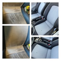 CarGlow Detailong - Tapicerka samochodowa przed i po czyszczeniu: widoczne plamy i zabrudzenia na fotelu kierowcy, a po prawej stronie czysty, odświeżony fotel pasażera.