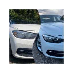 CarGlow Detailong - Biały samochód przed i po myciu, widok na reflektor i zderzak. Po lewej brudny, po prawej czysty. Efekt myjni.