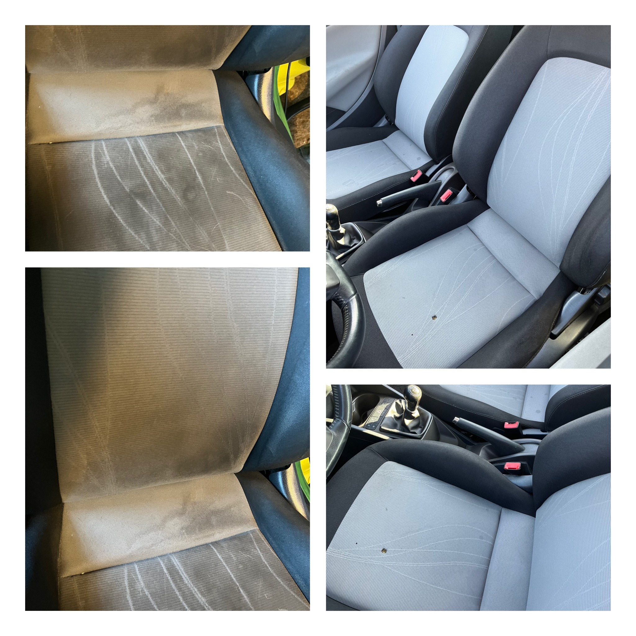 Tapicerka samochodowa przed i po czyszczeniu: widoczne plamy i zabrudzenia na fotelu kierowcy, a po prawej stronie czysty, odświeżony fotel pasażera.