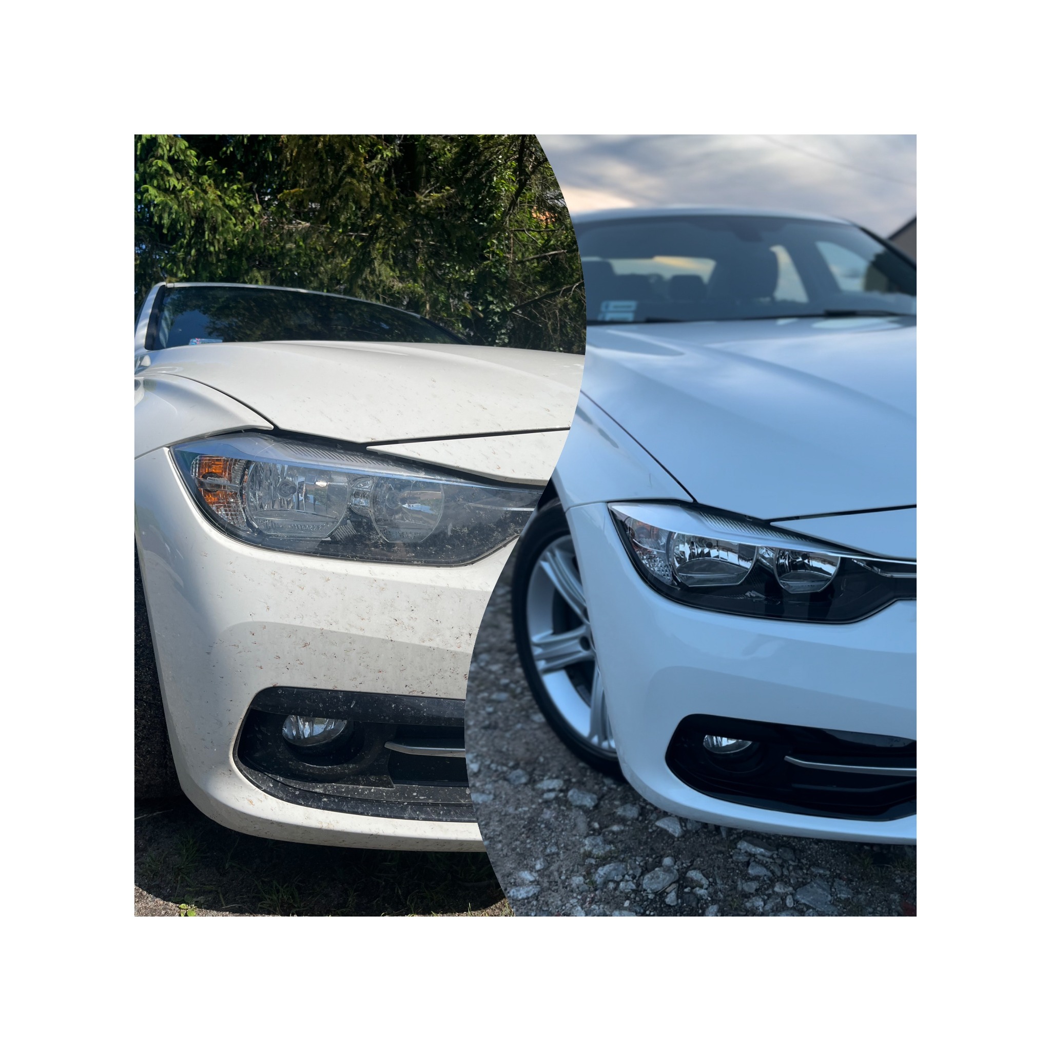Biały samochód przed i po myciu, widok na reflektor i zderzak. Po lewej brudny, po prawej czysty. Efekt myjni.