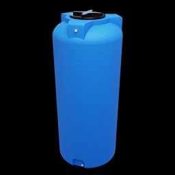 EKO AQUA CLEAN SPÓŁKA Z OGRANICZONĄ ODPOWIEDZIALNOŚCIĄ - Niebieski, pionowy zbiornik na wodę o pojemności 1000L z czarną pokrywą na czarnym tle, widoczny z boku, z delikatnym oświetleniem.