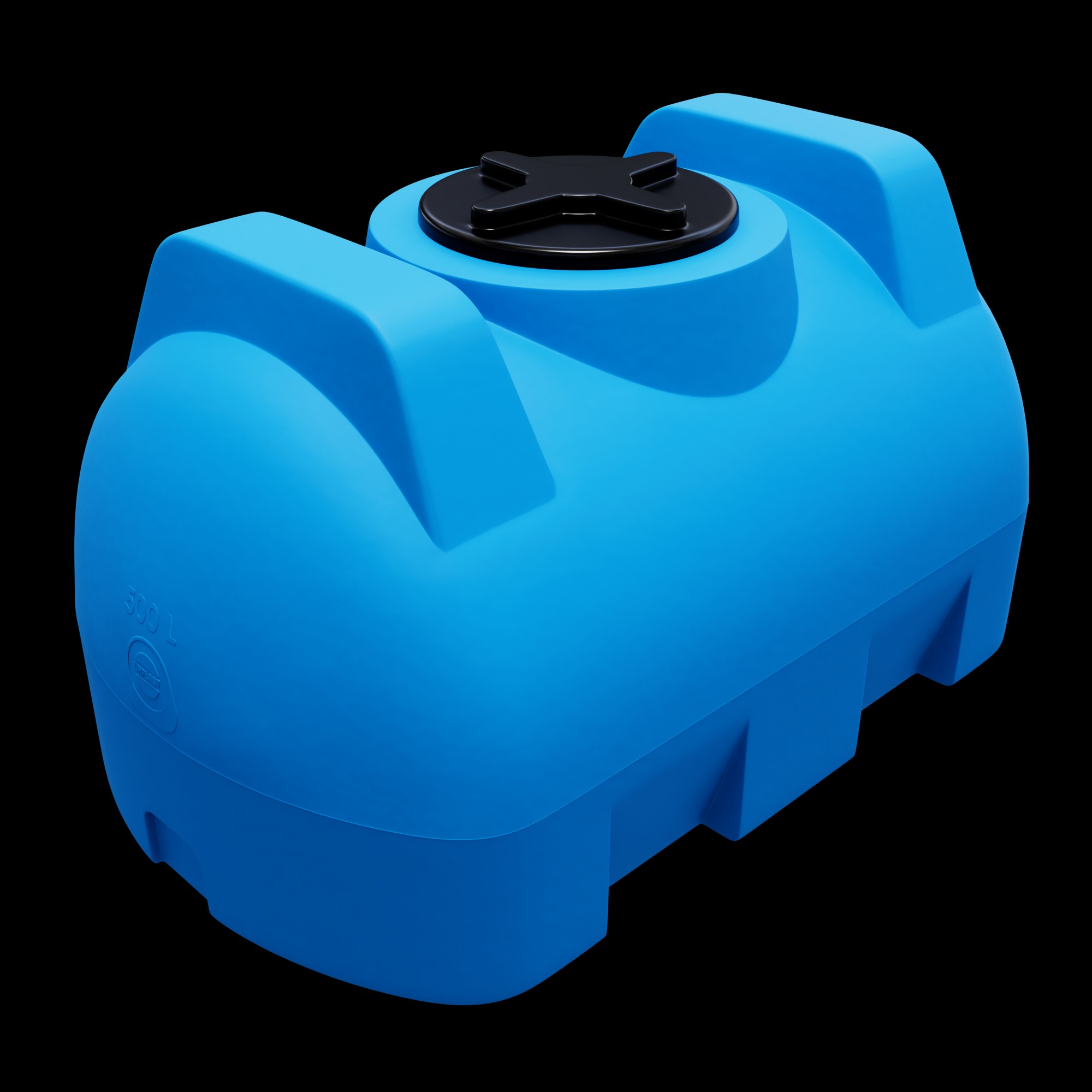 Niebieski, prostokątny zbiornik na wodę 500L z czarnym deklem, wykonany z tworzywa sztucznego, na czarnym tle. Widoczny z perspektywy.