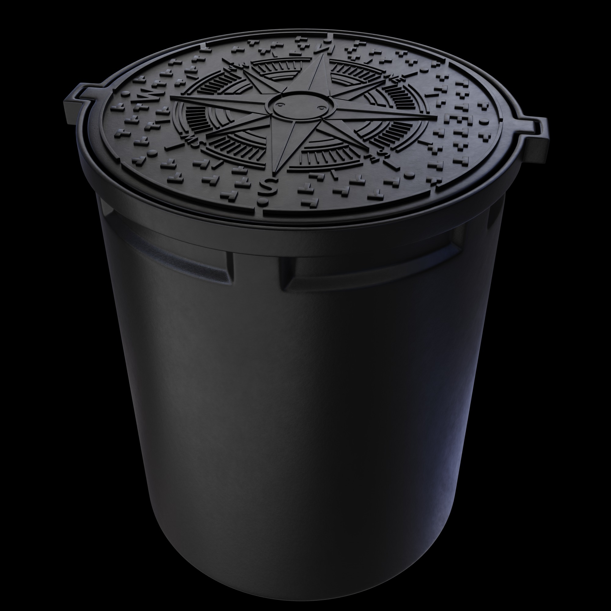 Czarna, plastikowa obudowa studni głębinowej z pokrywą ozdobioną motywem kompasu, na czarnym tle. Wykonana z tworzywa sztucznego.