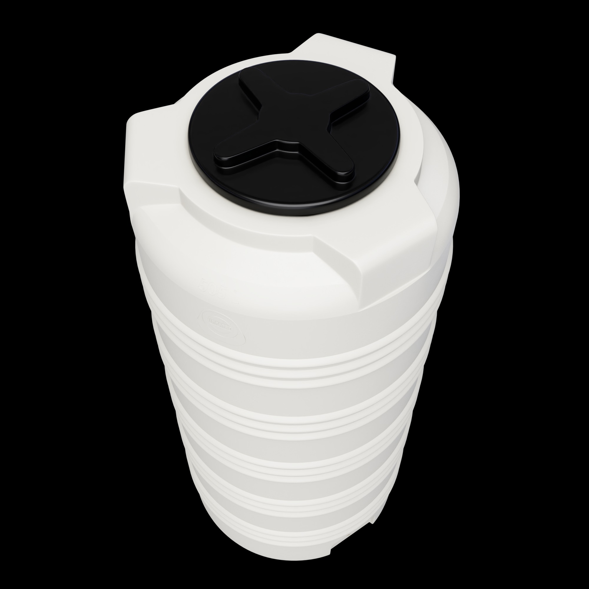 Biały zbiornik na wodę deszczową z czarną pokrywą, widok z góry, na czarnym tle. Dostępny w Słotwinie.