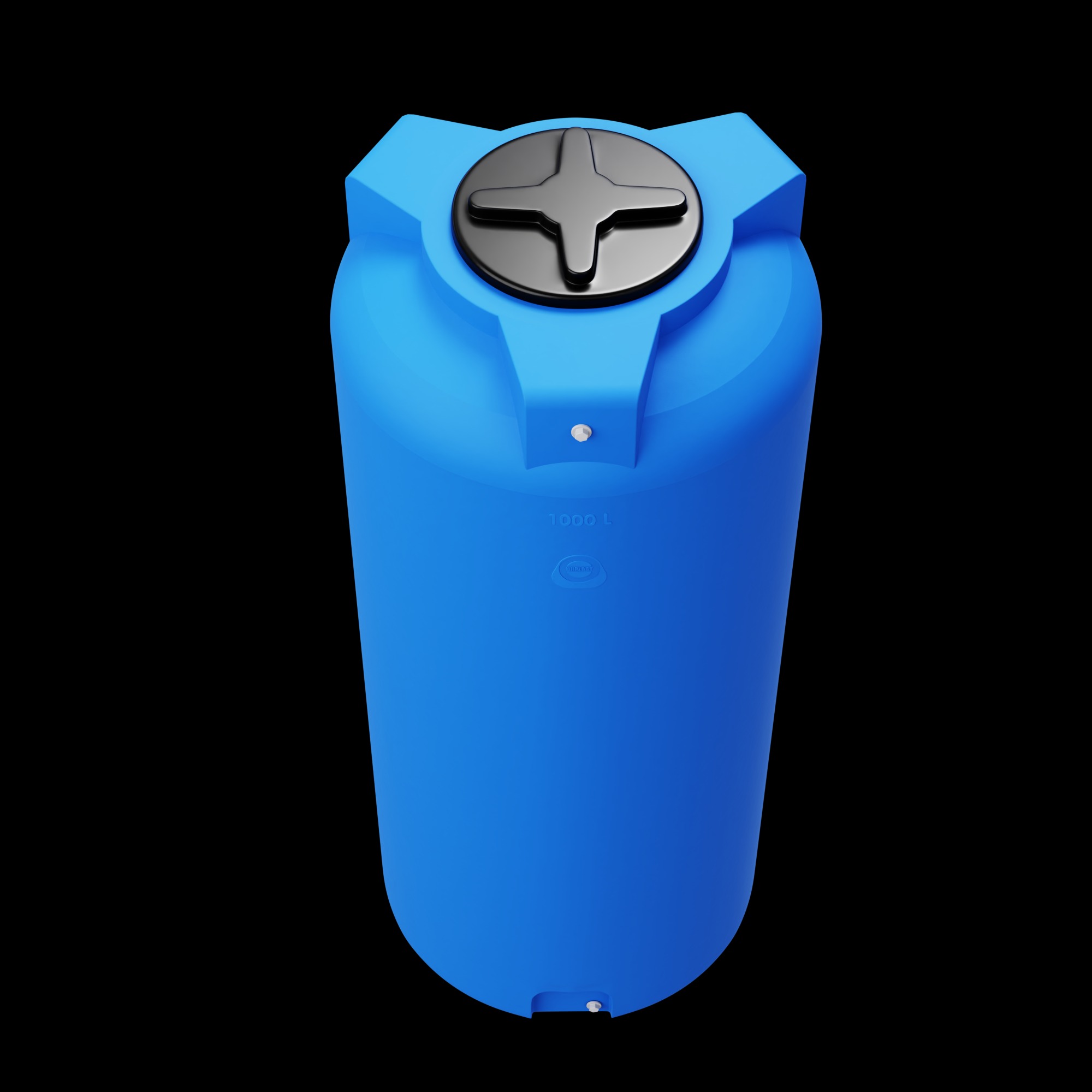 Niebieski, pionowy zbiornik na wodę 1000L z czarną pokrywą na czarnym tle, widok z góry.