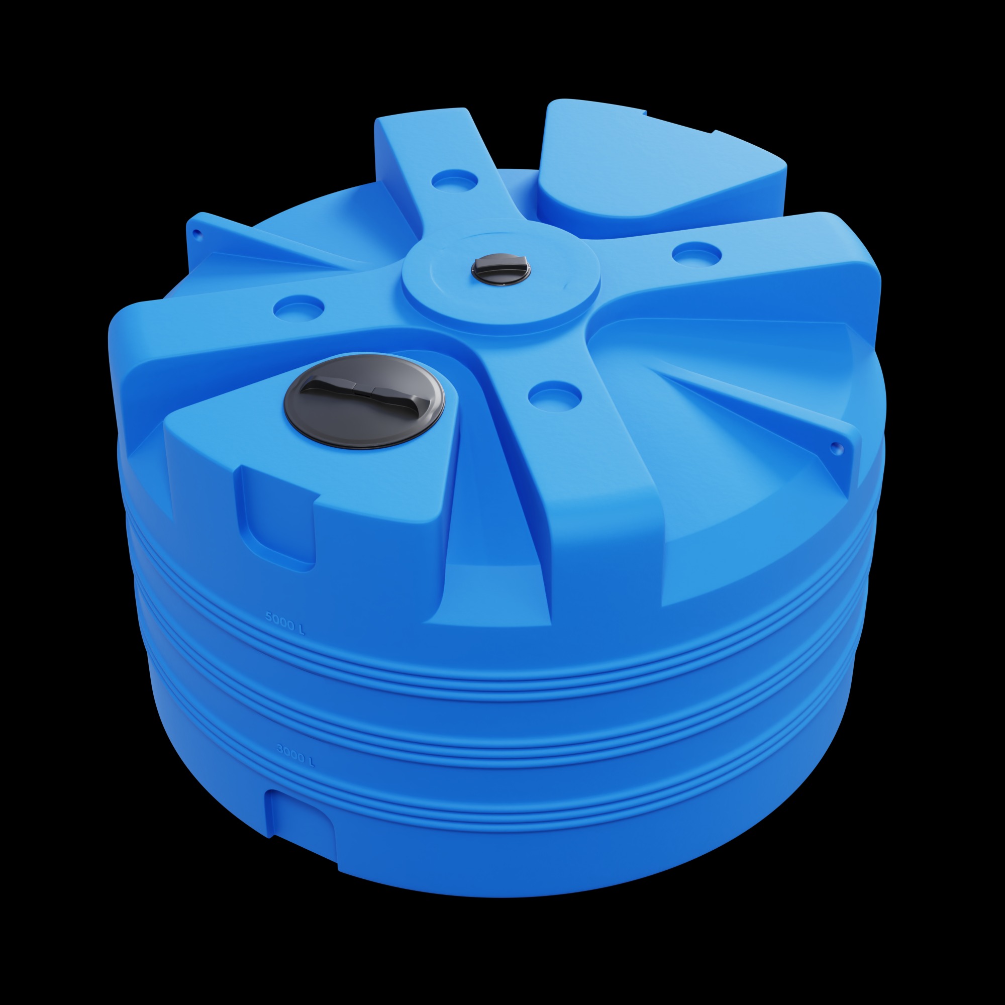 Niebieski, plastikowy zbiornik na wodę 5000L z czarnymi pokrywami, na czarnym tle. Widok z góry, lekko z boku. Zbiornik do magazynowania wody deszczowej lub pitnej.