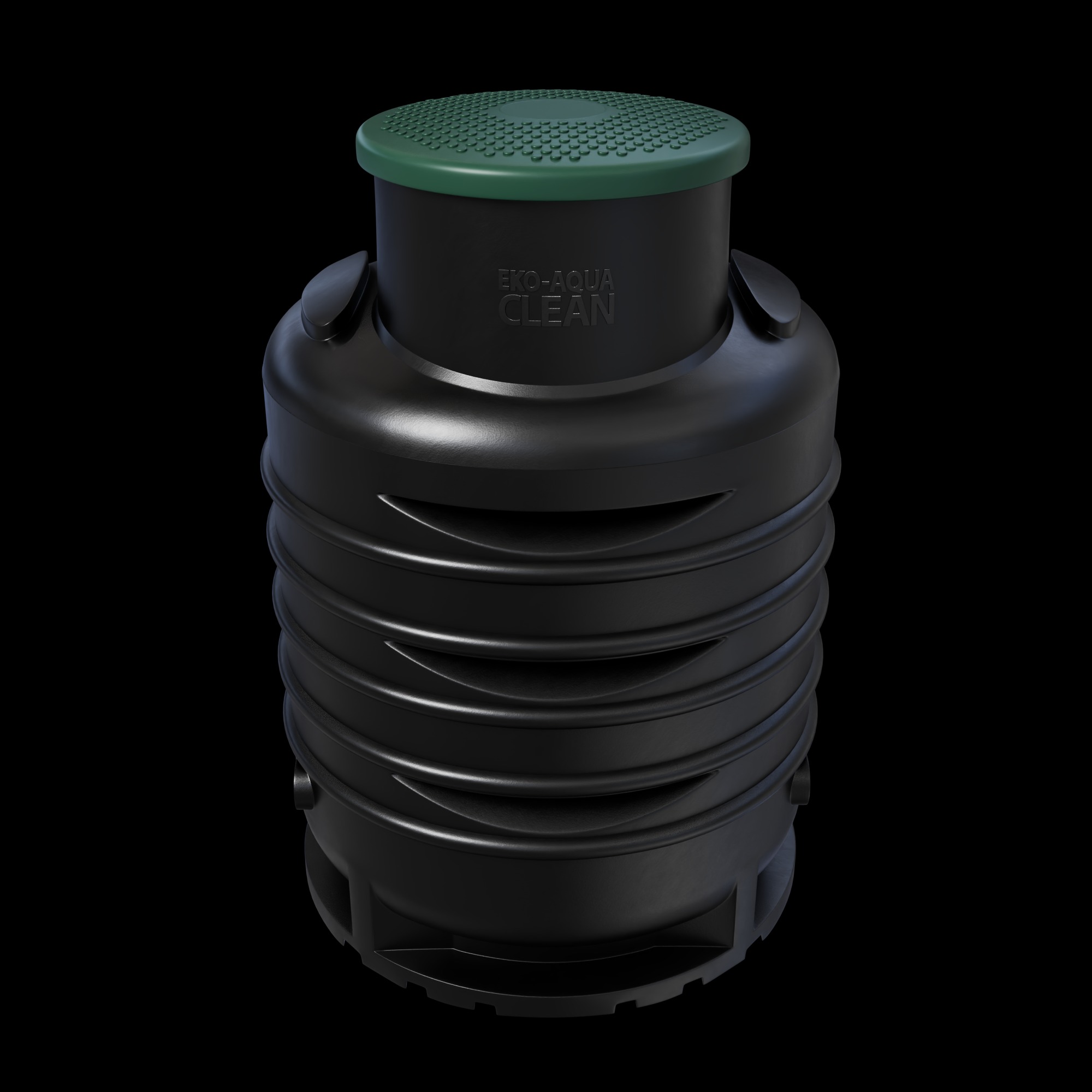 Czarny zbiornik Eko-Aqua Clean z zieloną pokrywą na czarnym tle. Widoczne żłobienia i otwory. Produkt do zastosowań w systemach wodnych.