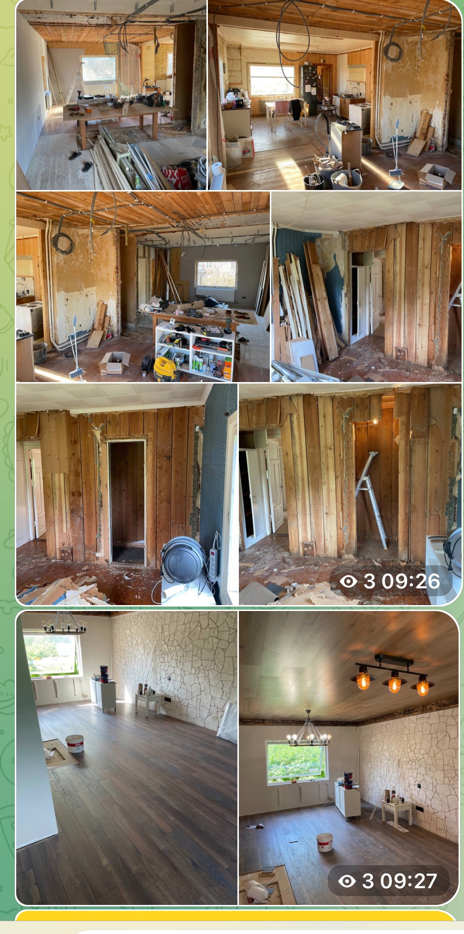 Montaż paneli podłogowych i dekoracyjnej okładziny ściennej w trakcie remontu mieszkania. Widoczne etapy prac, od stanu surowego do wykończenia.