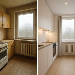 PAKET INVEST SPÓŁKA Z OGRANICZONĄ ODPOWIEDZIALNOŚCIĄ - Zdjęcie 'przed i po' prezentujące odnowioną kuchnię z nowoczesnymi, białymi szafkami i drewnianą podłogą, kontrastującą ze starą, zaniedbaną wersją.