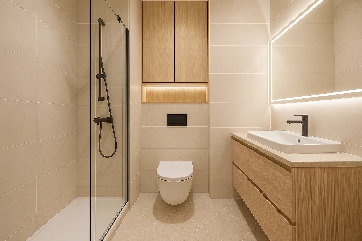 Jasna łazienka po remoncie: kabina prysznicowa z czarną armaturą, toaleta, umywalka z szafką z jasnego drewna i lustro z podświetleniem LED.