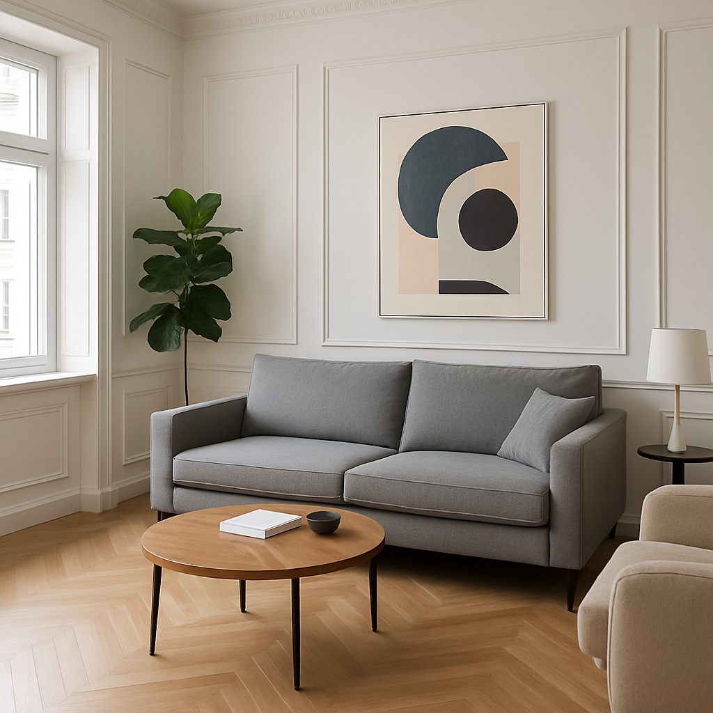 Jasne wnętrze salonu: szara sofa, okrągły stolik kawowy z książką i miseczką, parkiet w jodełkę, roślina doniczkowa i abstrakcyjny obraz na ścianie.