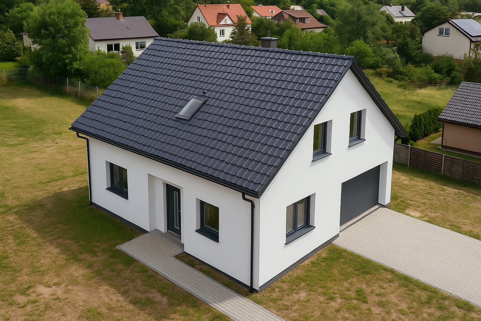 Nowoczesny, biały dom jednorodzinny z ciemnoszarą dachówką karpiówką i garażem wbudowanym. Widok z góry, ukazujący estetyczne wykończenie i otoczenie.