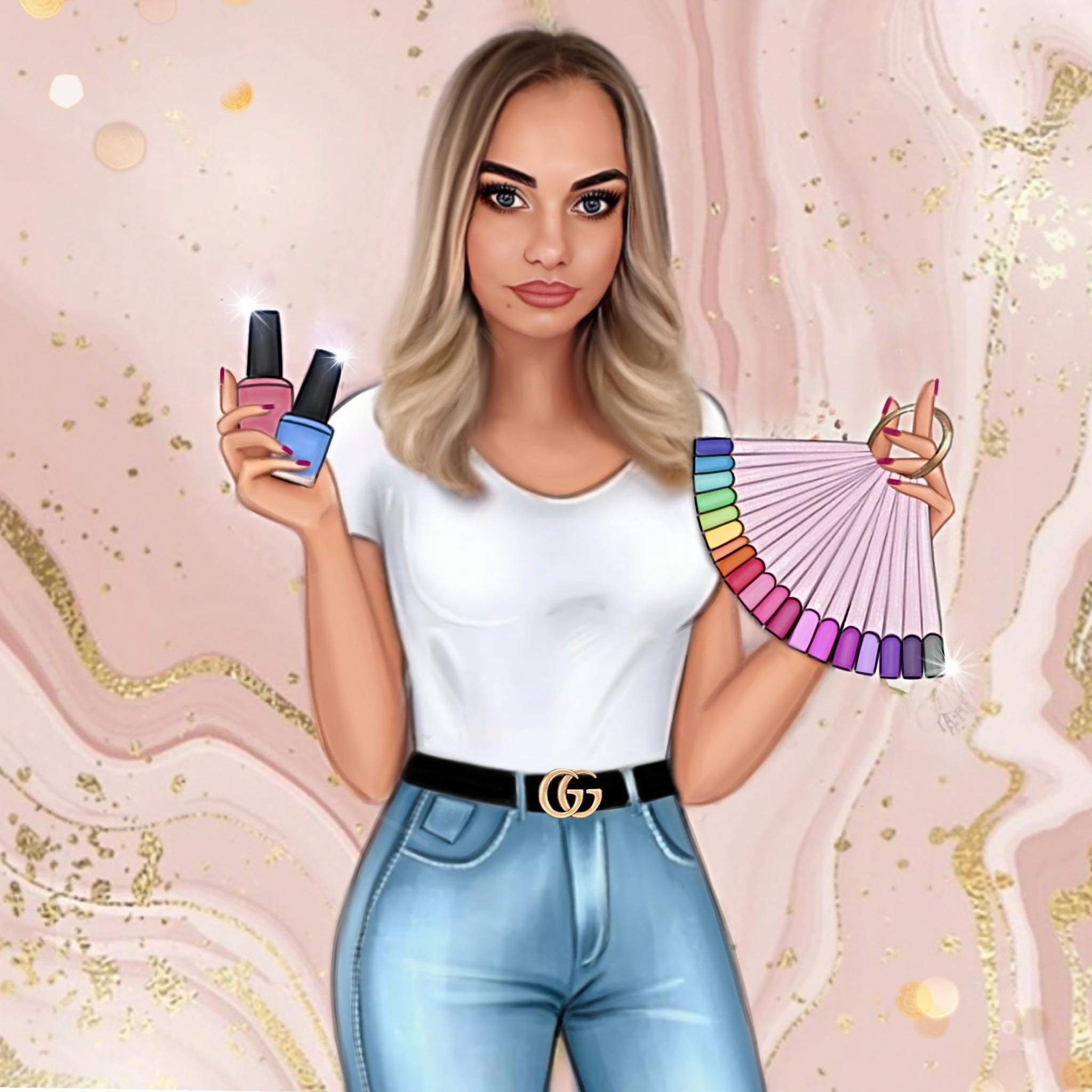 Kobieta prezentuje paletę kolorów lakierów i buteleczki z lakierami na rozmytym, różowo-złotym tle, sugerując wybór stylizacji paznokci.