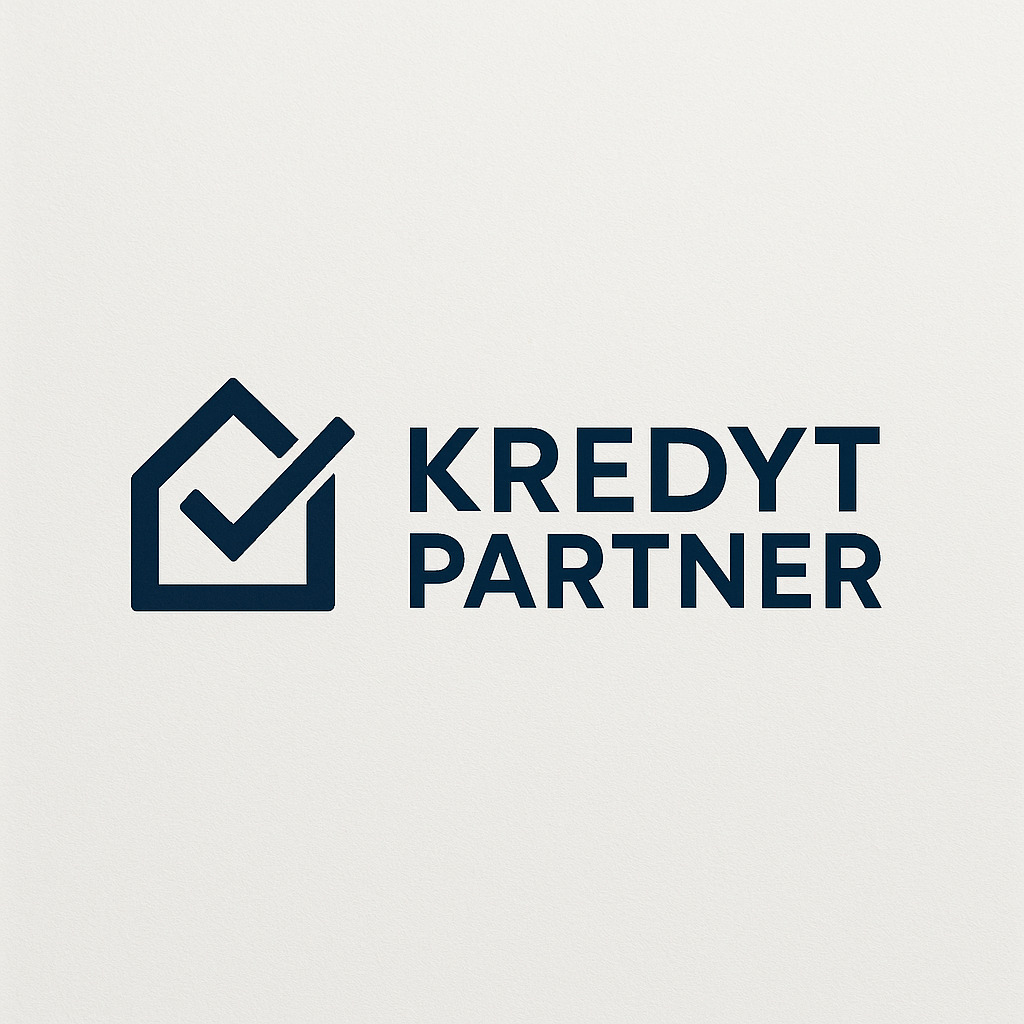 Logo firmy Kredyt Partner. Symbol domu z ptaszkiem w środku i napis KREDYT PARTNER w kolorze granatowym na jasnym tle.
