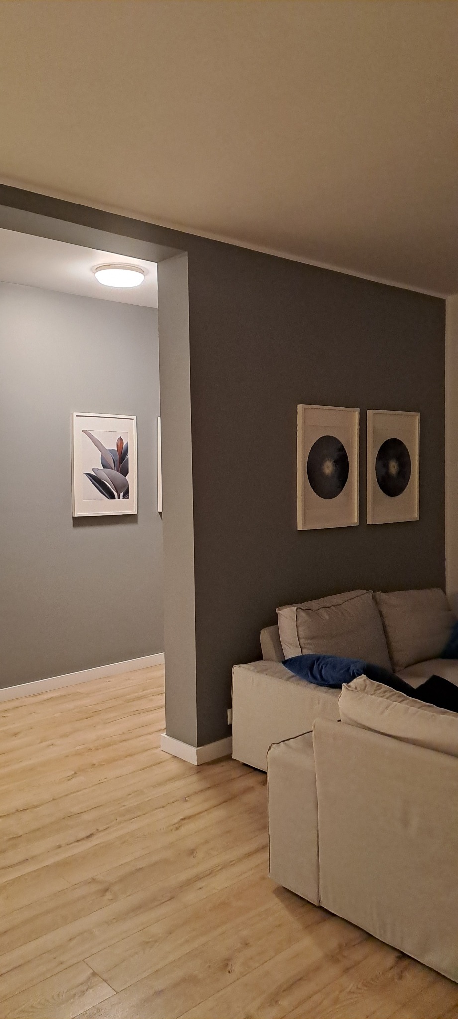 Nowoczesne wnętrze z szarą ścianą, dwiema abstrakcyjnymi grafikami i beżową sofą. Na podłodze panele imitujące drewno. Widok na kolejne pomieszczenie.