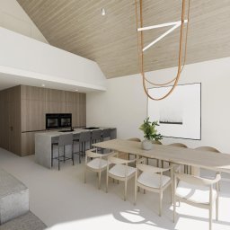 Architektura wnętrz Magdalena Gołdyn Studio Projektowe - Wizualizacja przestronnego wnętrza z kuchnią i jadalnią w Ostrzeszowie. Jasne drewno, minimalistyczny design, duży stół i wyspa kuchenna. Nowoczesne oświetlenie.