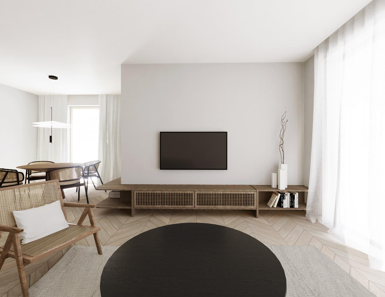 Jasne wnętrze w stylu skandynawskim z drewnianą podłogą w jodełkę, telewizorem na ścianie i wiklinowym fotelem z poduszką. Minimalistyczny design.