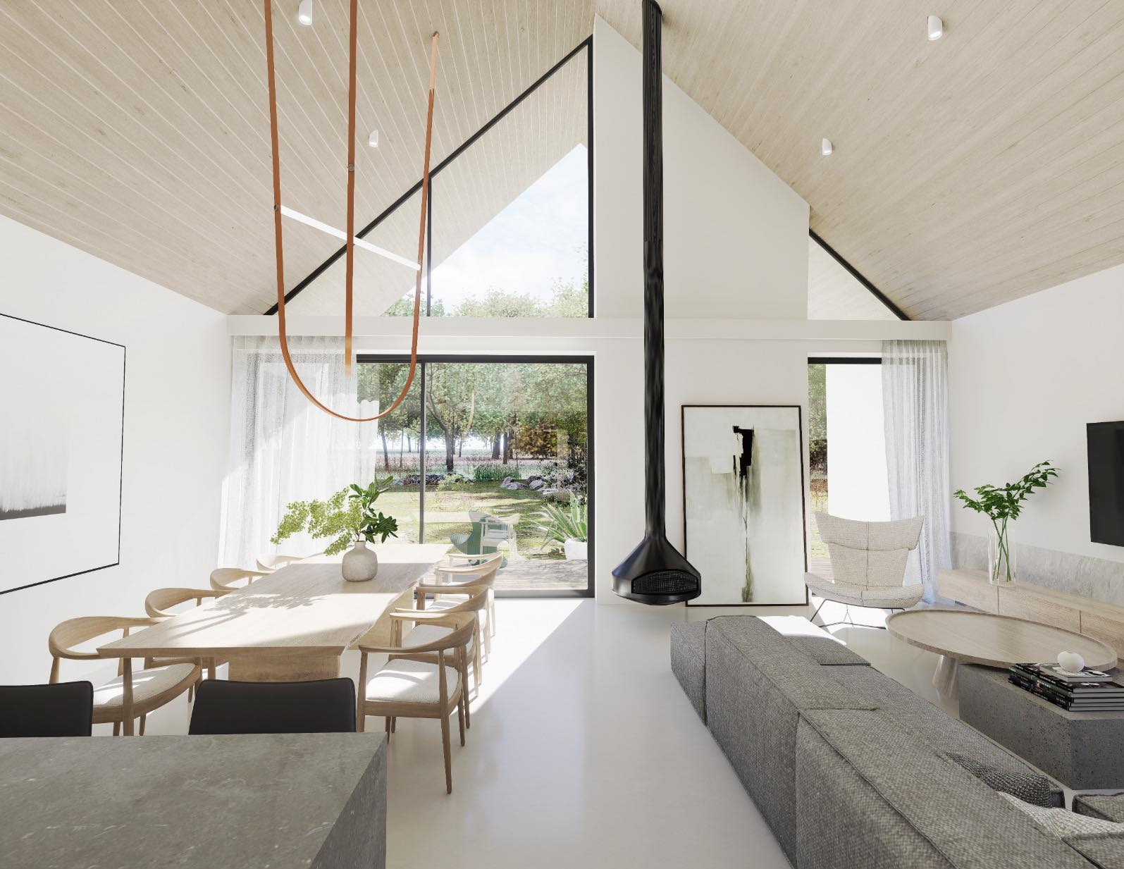 Jasne wnętrze z wysokim stropem, minimalistycznym kominkiem i dużymi oknami wychodzącymi na ogród. Nowoczesne meble i neutralna paleta kolorów podkreślają przestronność.