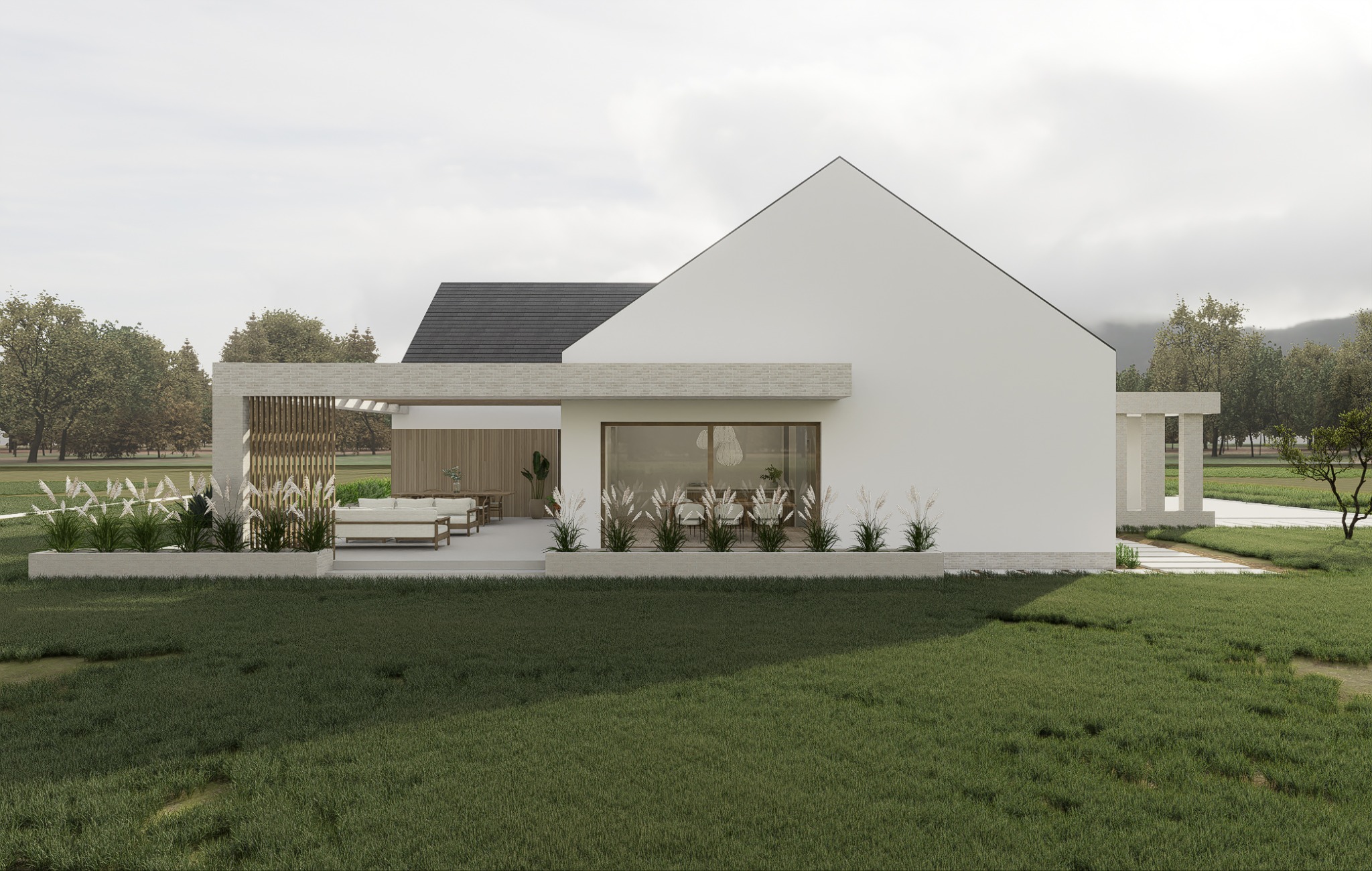Wizualizacja nowoczesnego domu z białymi ścianami i ciemnym dachem, otoczonego zielonym trawnikiem i roślinnością. Widoczny taras z meblami ogrodowymi.