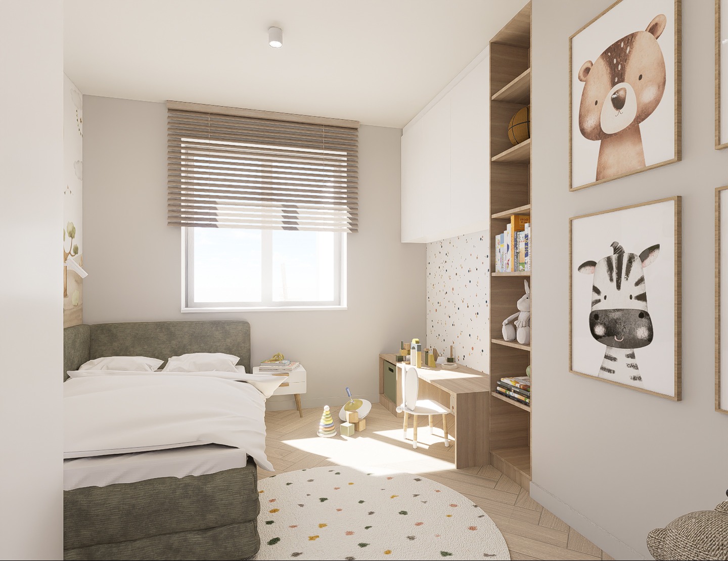 Pokój dziecięcy w neutralnej kolorystyce: łóżko z szarym wezgłowiem, biurko z krzesłem, półki z książkami i dekoracjami, plakaty ze zwierzętami, rolety w oknie.