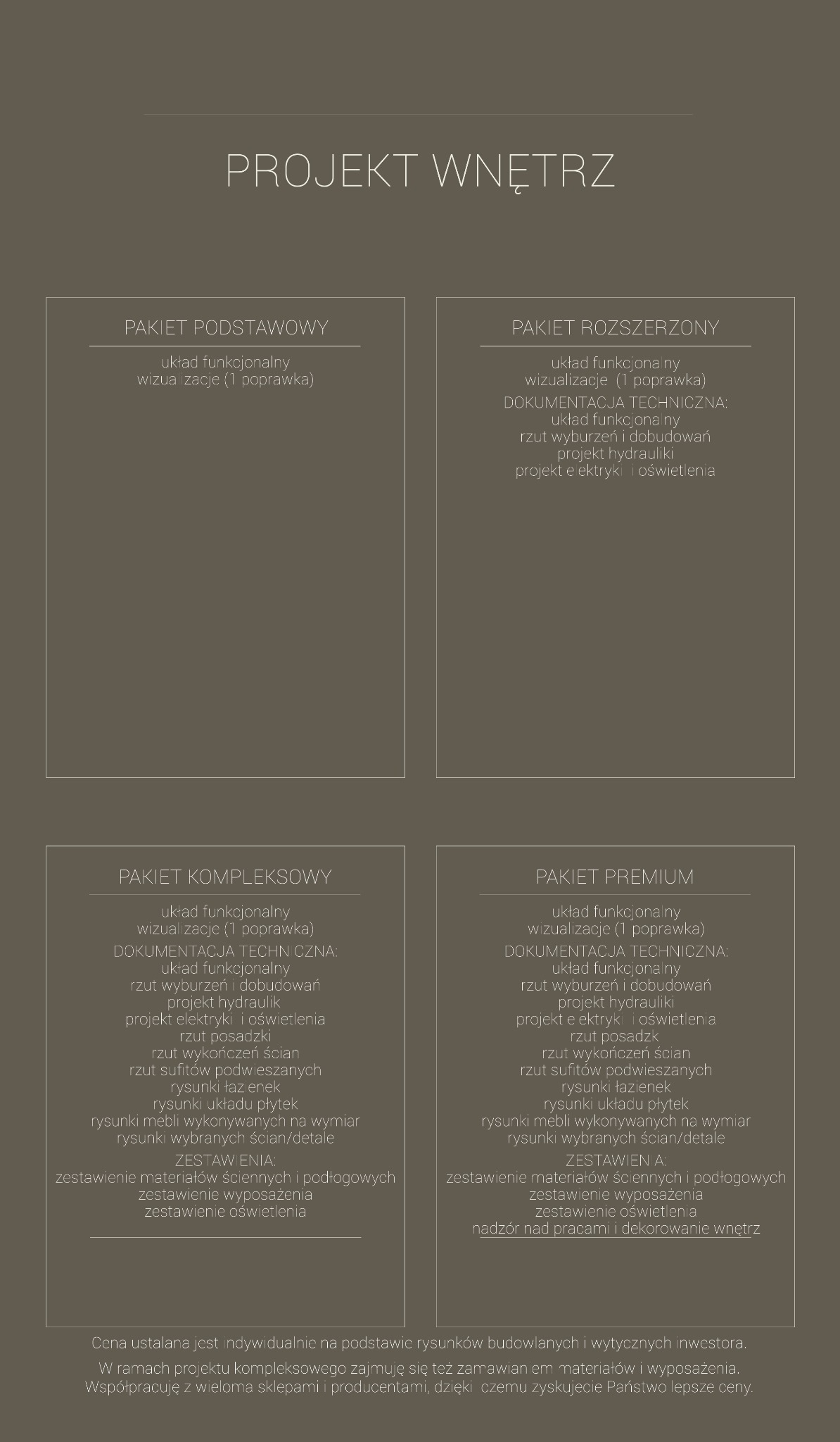 Projekt wnętrz: Opis pakietów usług projektowych, od podstawowego po premium, z wyszczególnieniem zakresu dokumentacji i zestawień materiałów. Informacje o cenie i współpracy.