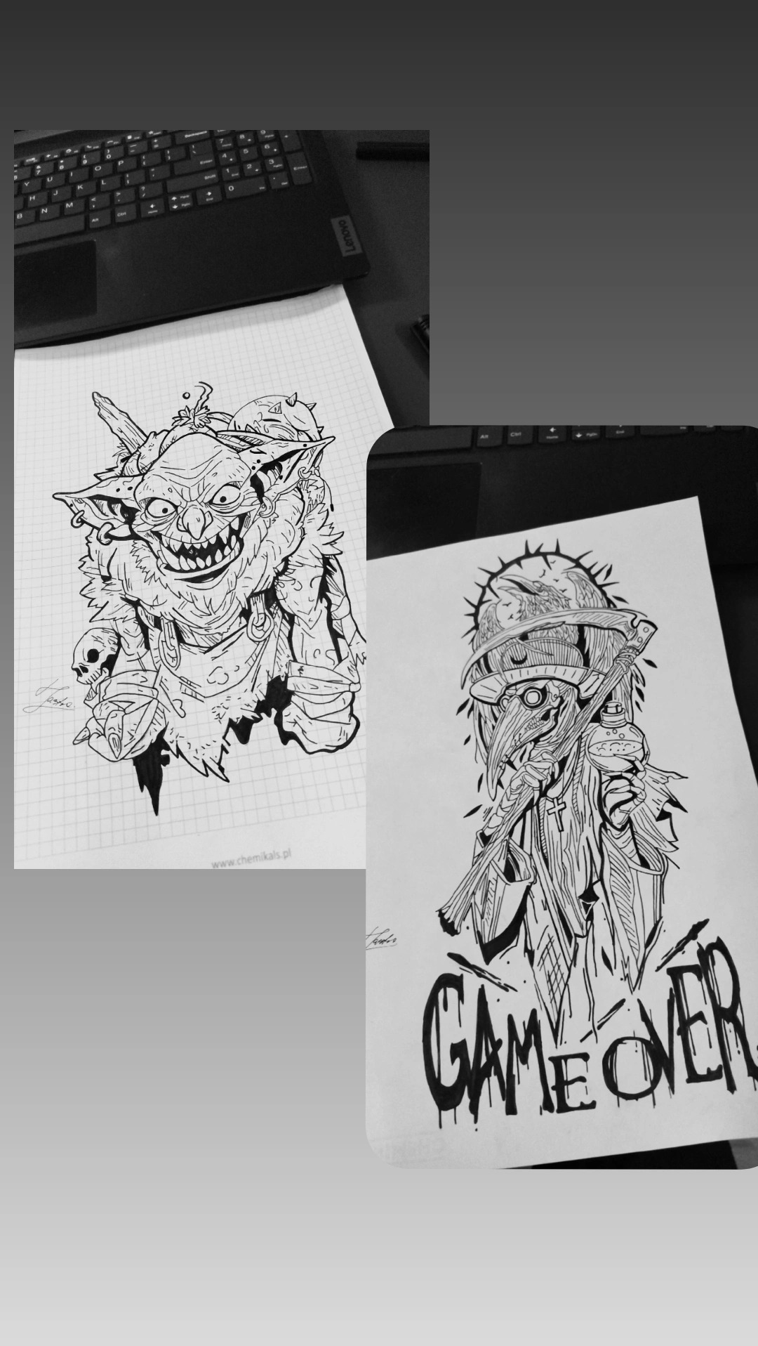 Dwa czarno-białe rysunki tuszem: goblin na papierze w kratkę obok laptopa i postać w masce z napisem 'GAME OVER' na białym tle. Kontrastowe, szczegółowe ilustracje.