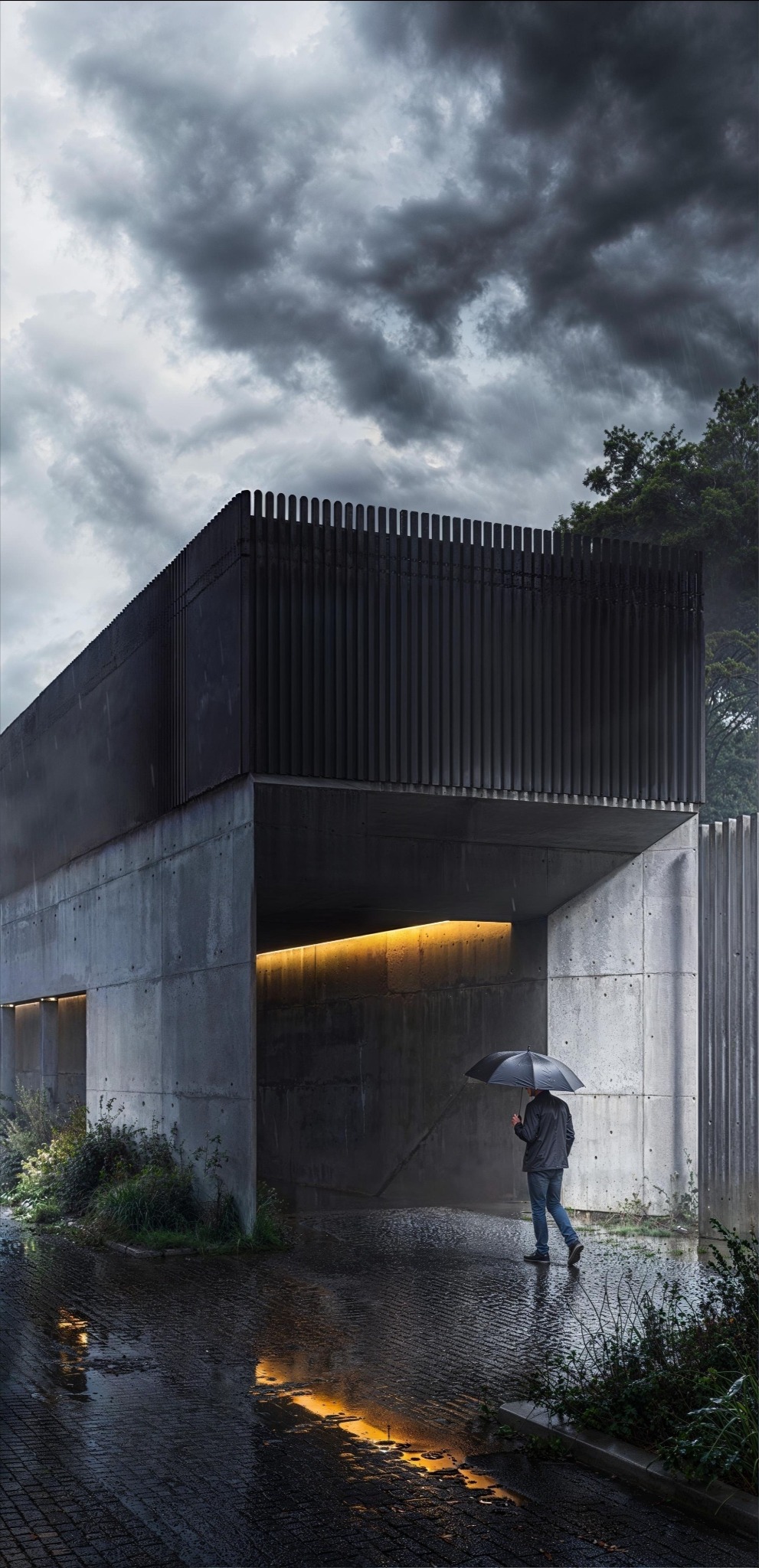 Betonowa konstrukcja z oświetleniem w deszczowy dzień. Osoba z parasolem w tle. Minimalistyczny design z elementami naturalnej roślinności. Architektura w surowym klimacie.