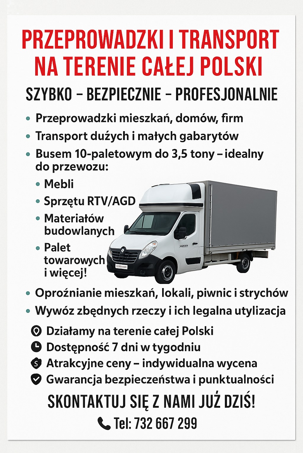 Plakat reklamowy usług transportowych: przeprowadzki mieszkań, firm, transport mebli, sprzętu RTV/AGD, materiałów budowlanych, palet. Dostępność 7 dni w tygodniu.