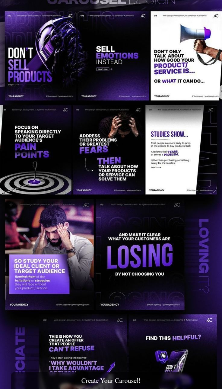 Kreatywny karuzelny post w mediach społecznościowych z fioletowymi akcentami, prezentujący unikalne podejście do sprzedaży i angażowania odbiorców.
