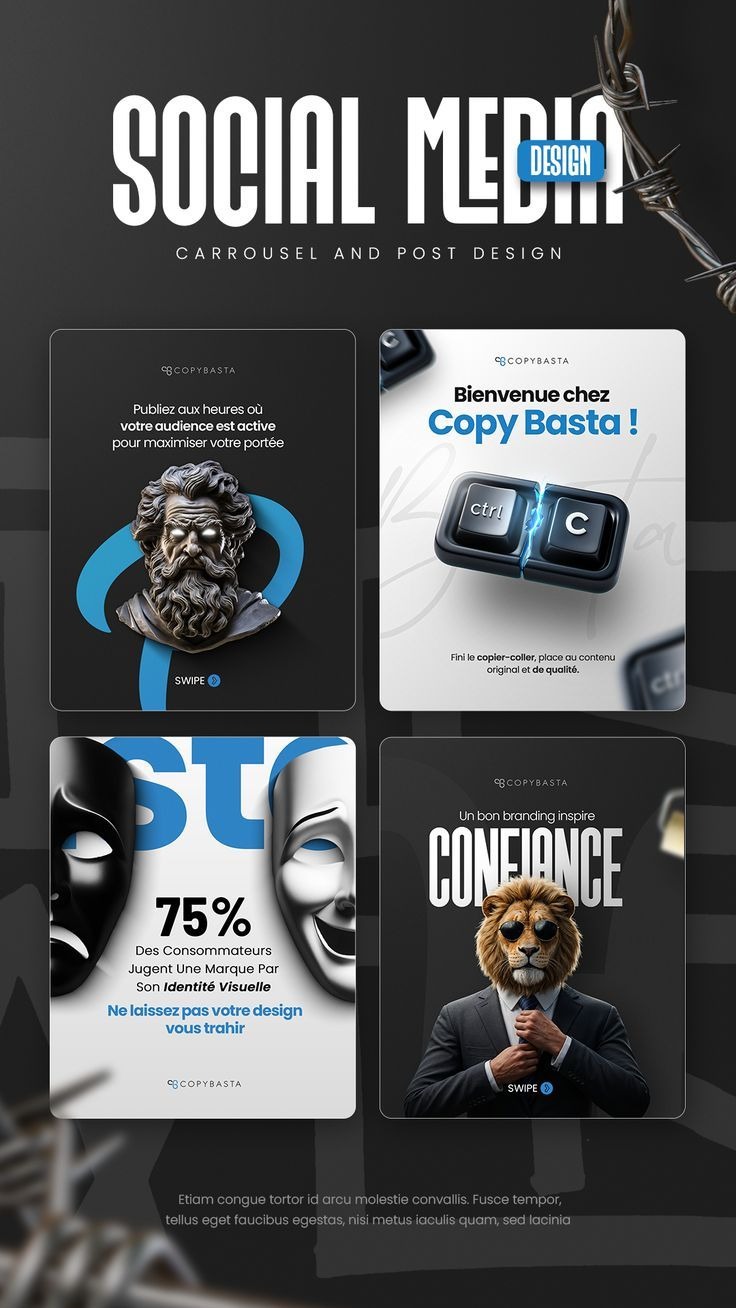 Projekt karuzeli i postów w mediach społecznościowych z elementami graficznymi, w tym rzeźbą, klawiszami Ctrl+C, maskami i lwem w garniturze, na ciemnym tle.