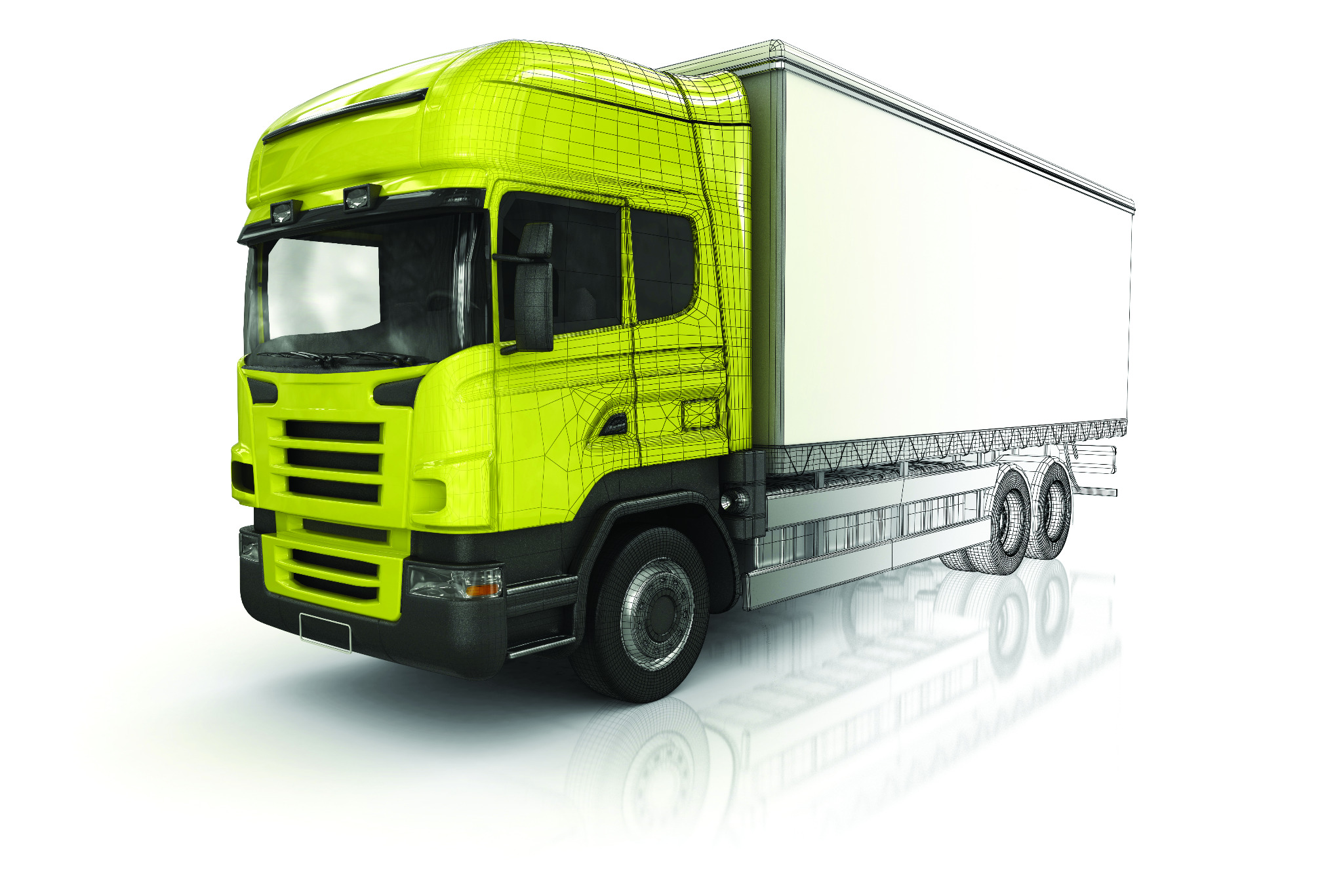 Model 3D ciężarówki z naczepą, z elementami siatki, w odcieniach zieleni i bieli na jasnym tle z delikatnym odbiciem. Precyzyjne odwzorowanie detali.
