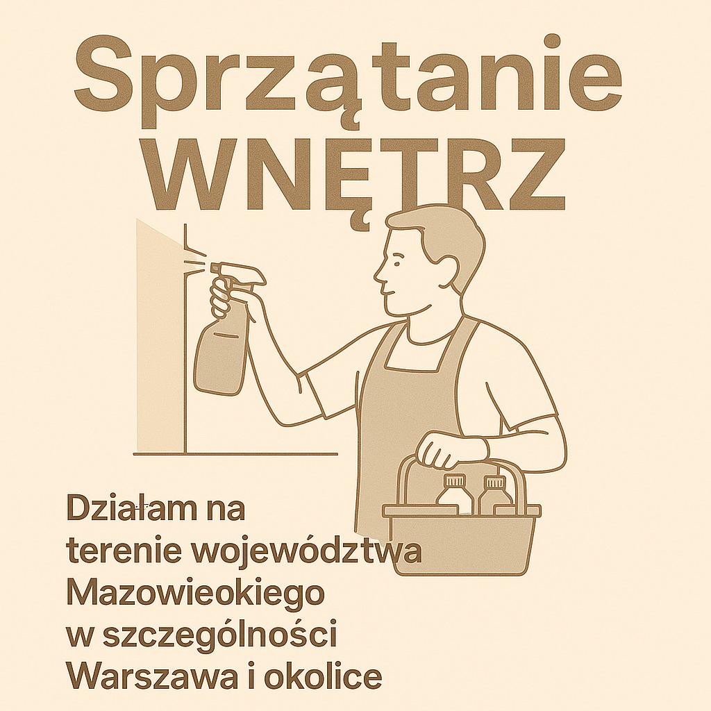 Grafika: Stylizowany mężczyzna w fartuchu spryskuje ścianę środkiem czyszczącym. Napis: Sprzątanie wnętrz, Działam na terenie Mazowsza, Warszawa i okolice.