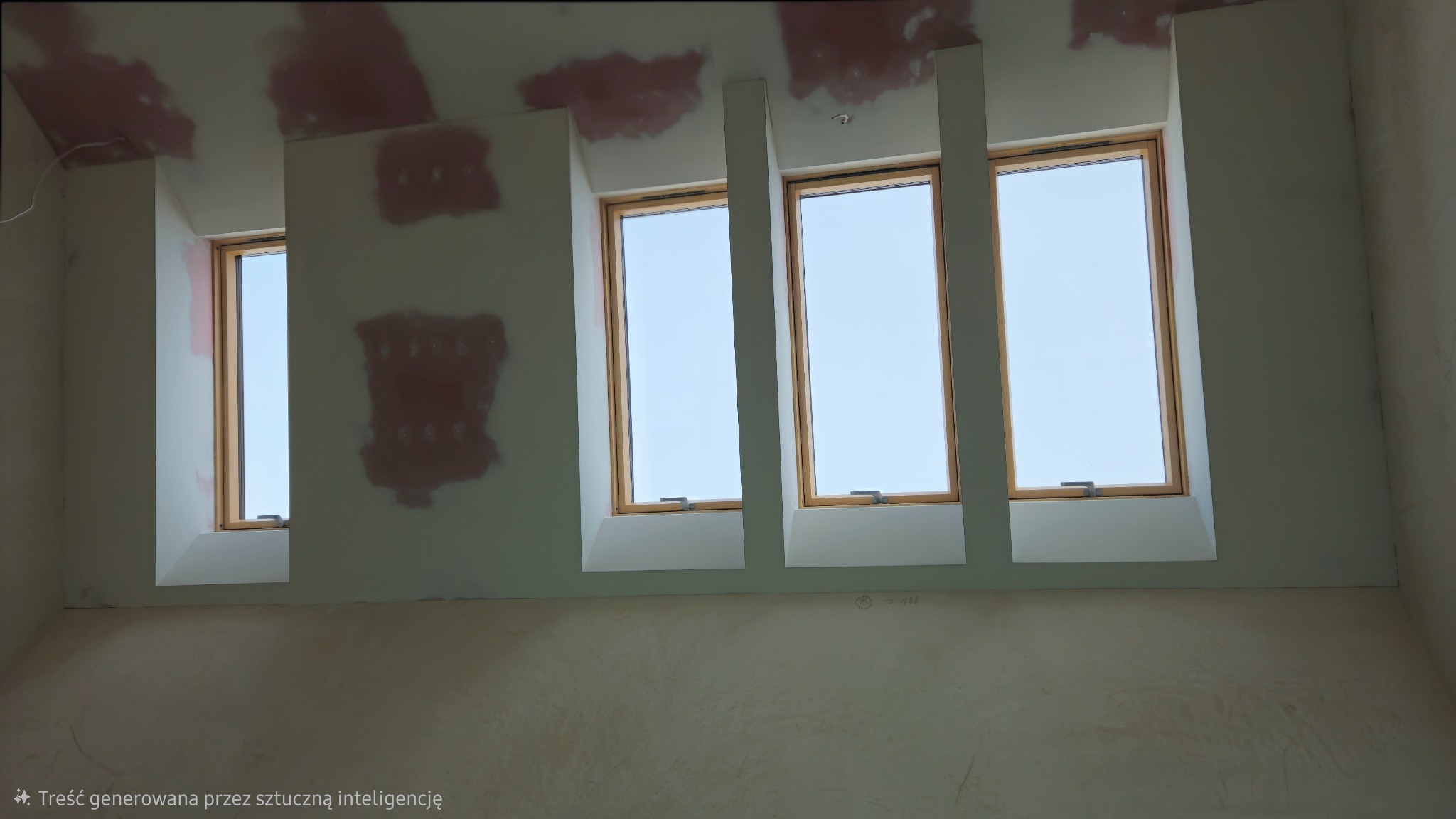 Ściana z oknami dachowymi w trakcie szpachlowania, widoczne ślady po łatach gipsowych. Surowy stan wykończenia wnętrza, przygotowanie do malowania.