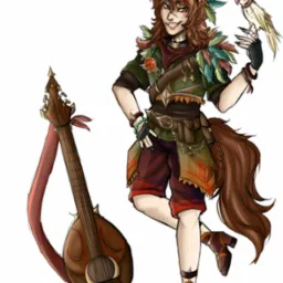 Ilustracja postaci: uśmiechnięty mężczyzna z uszami lisa, z lutnią i papugą na dłoni, w stroju inspirowanym naturą. Postać fantasy w dynamicznej pozie, na białym tle.