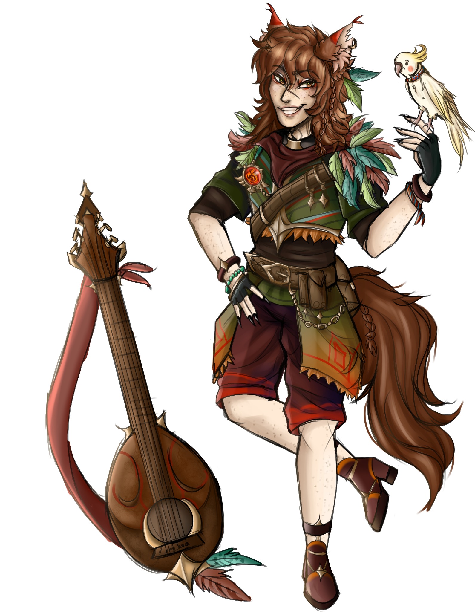 Ilustracja postaci: uśmiechnięty mężczyzna z uszami lisa, z lutnią i papugą na dłoni, w stroju inspirowanym naturą. Postać fantasy w dynamicznej pozie, na białym tle.