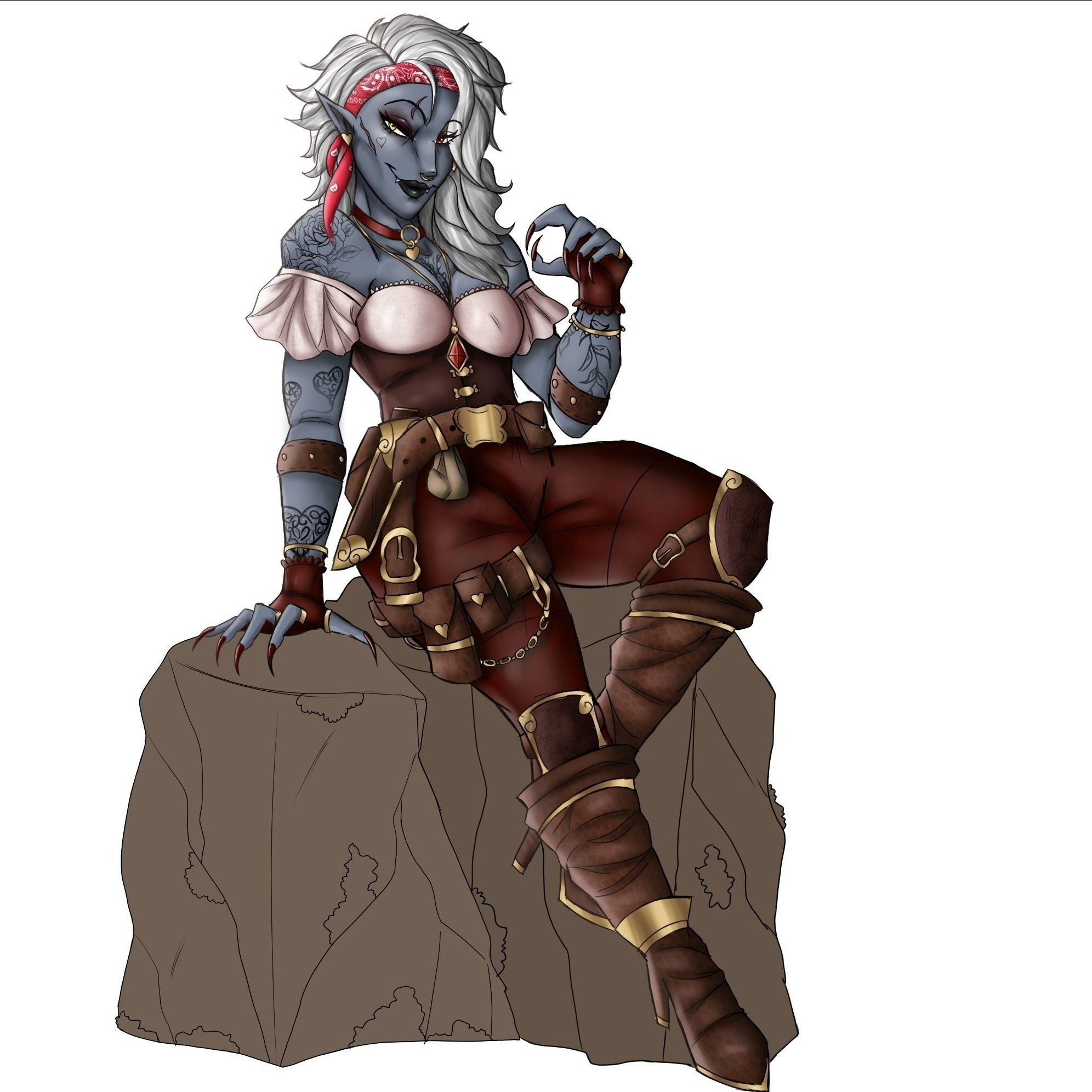 Ilustracja cyfrowa elfki o szarej skórze, siedzącej na skale, z białymi włosami i czerwonej bandanie, w stroju awanturnika z elementami fantasy.