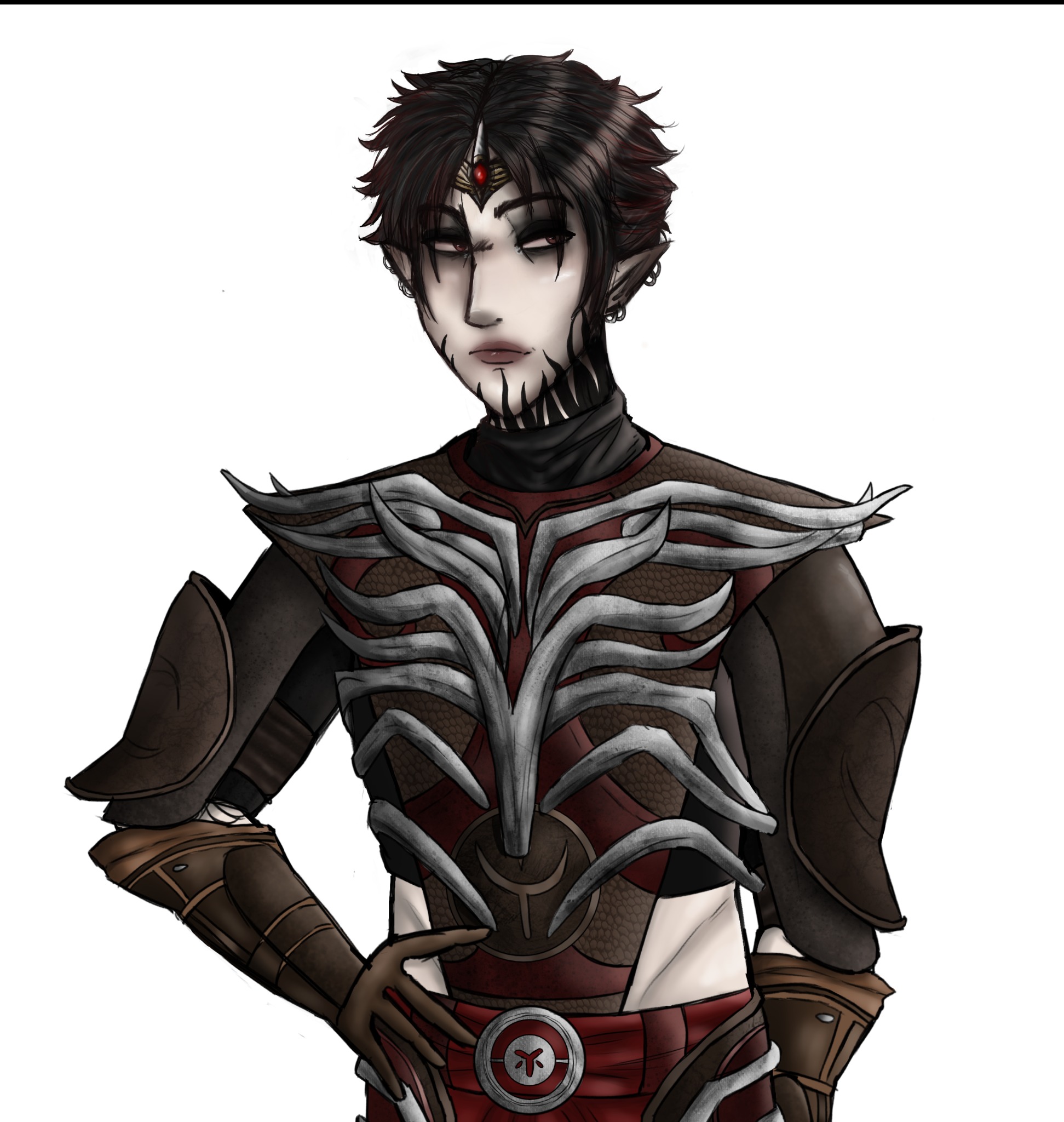 Ilustracja postaci w zbroi z elementami kości, z bladą cerą i ciemnym makijażem, trzymającej rękę na biodrze, na białym tle.