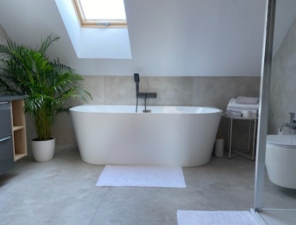 Jasna łazienka na poddaszu z wolnostojącą wanną, szarą armaturą i rośliną w doniczce. Skosy dachu i okno dachowe dodają przestrzeni unikalnego charakteru.