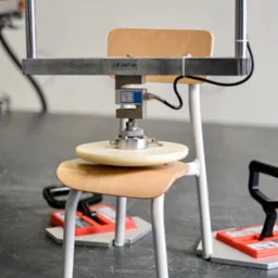 Test obciążeniowy krzesła biurowego przy użyciu specjalistycznej maszyny pomiarowej. Widoczne czujniki i elementy konstrukcyjne.