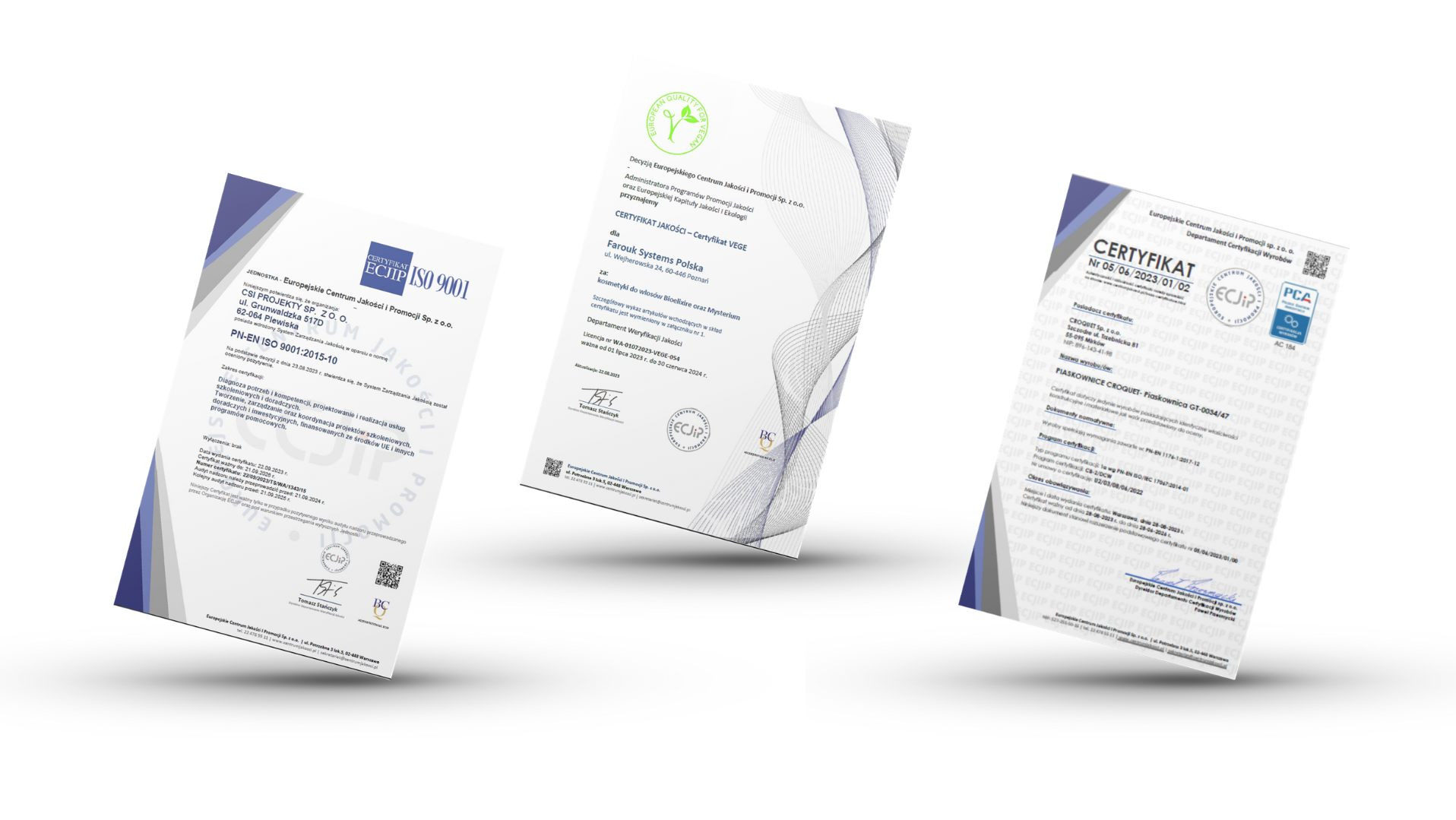 Dokumenty certyfikacji ISO 9001 i VEGE we Wrocławiu. Różne certyfikaty jakości z logotypami ECJIP i PCA, potwierdzające zgodność z normami i standardami.