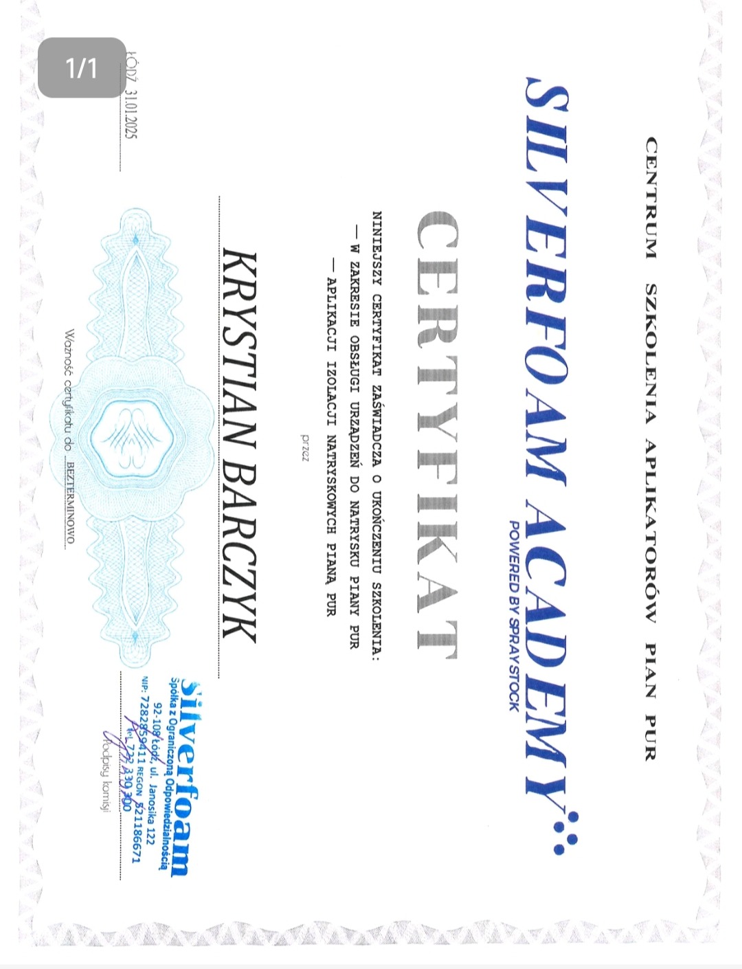 Certyfikat Silverfoam Academy dla Krystiana Barczyka, potwierdzający ukończenie szkolenia z obsługi urządzeń do natrysku piany PUR i aplikacji izolacji natryskowych.